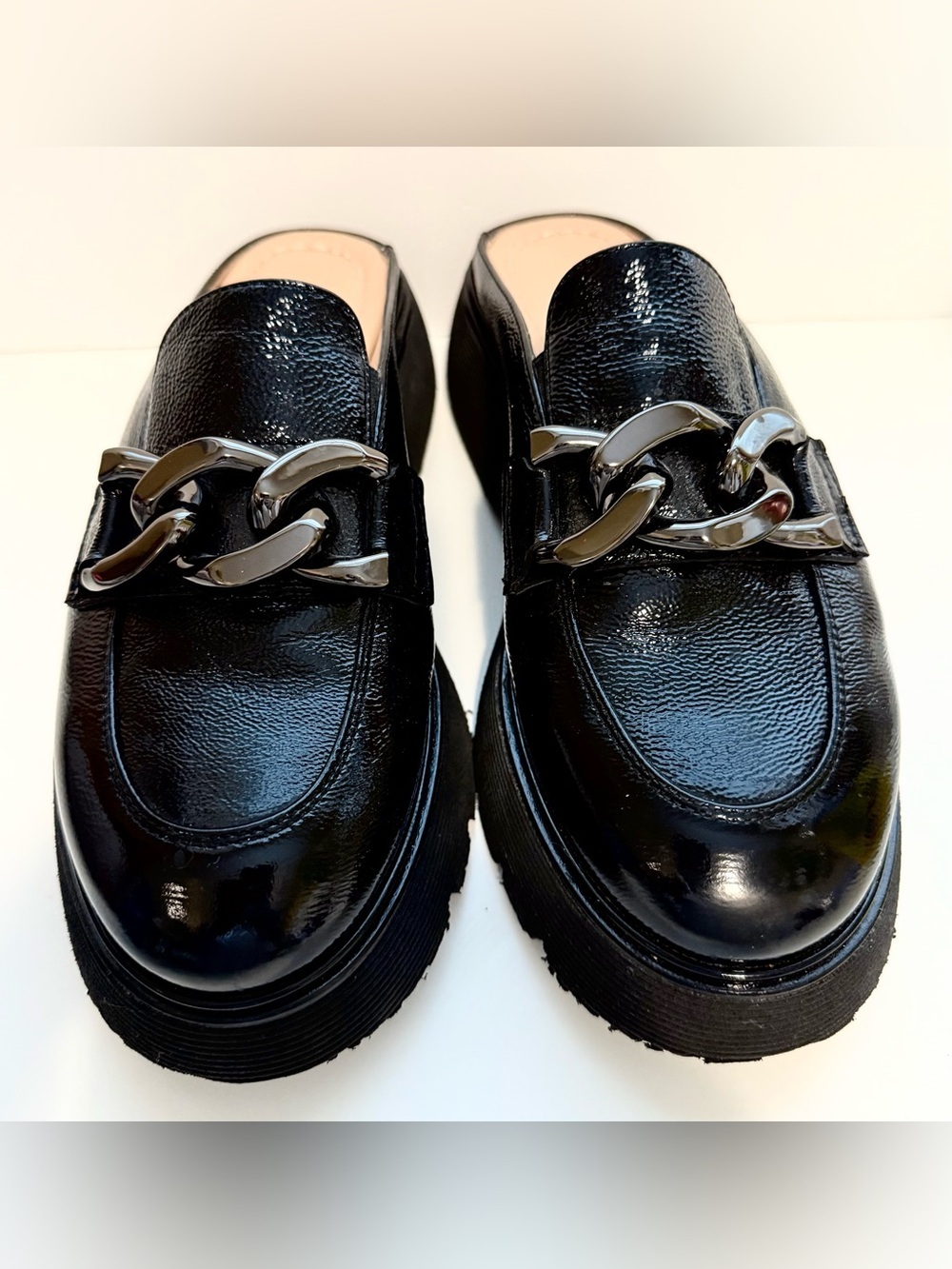 KELTON Black Patent Loafer Mules with Chain Detail - Size 37